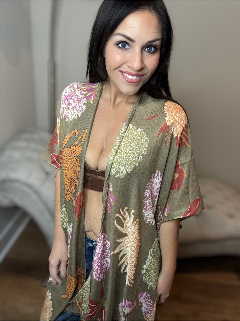 Floral Kimono Cover-Up in Olive with Multi-Color Blooms
